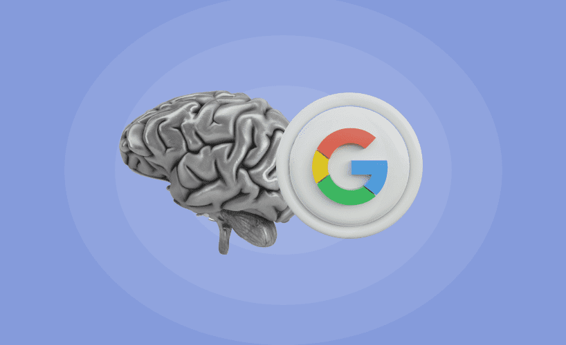 Purple background with a greyscale brain underneath the Google Duet logo
