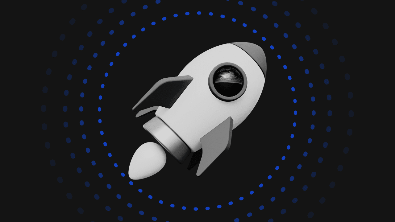 Seo For Small Business - Grey 3D space rocket with dotted dark blue circles on black background