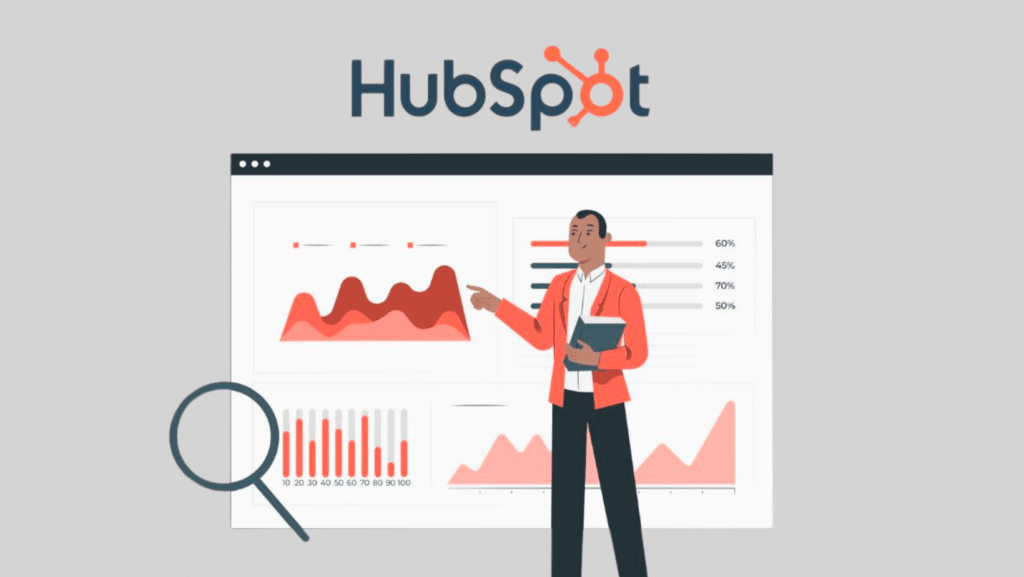 HubSpot graphic of a cartoon man pointing at stats generated by HubSpot