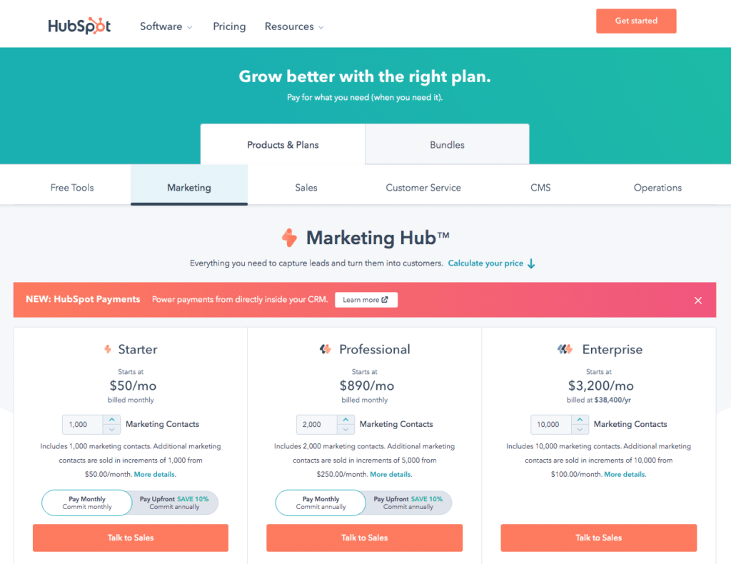 HubSpot SCreenshot of their 2024 Pricing page